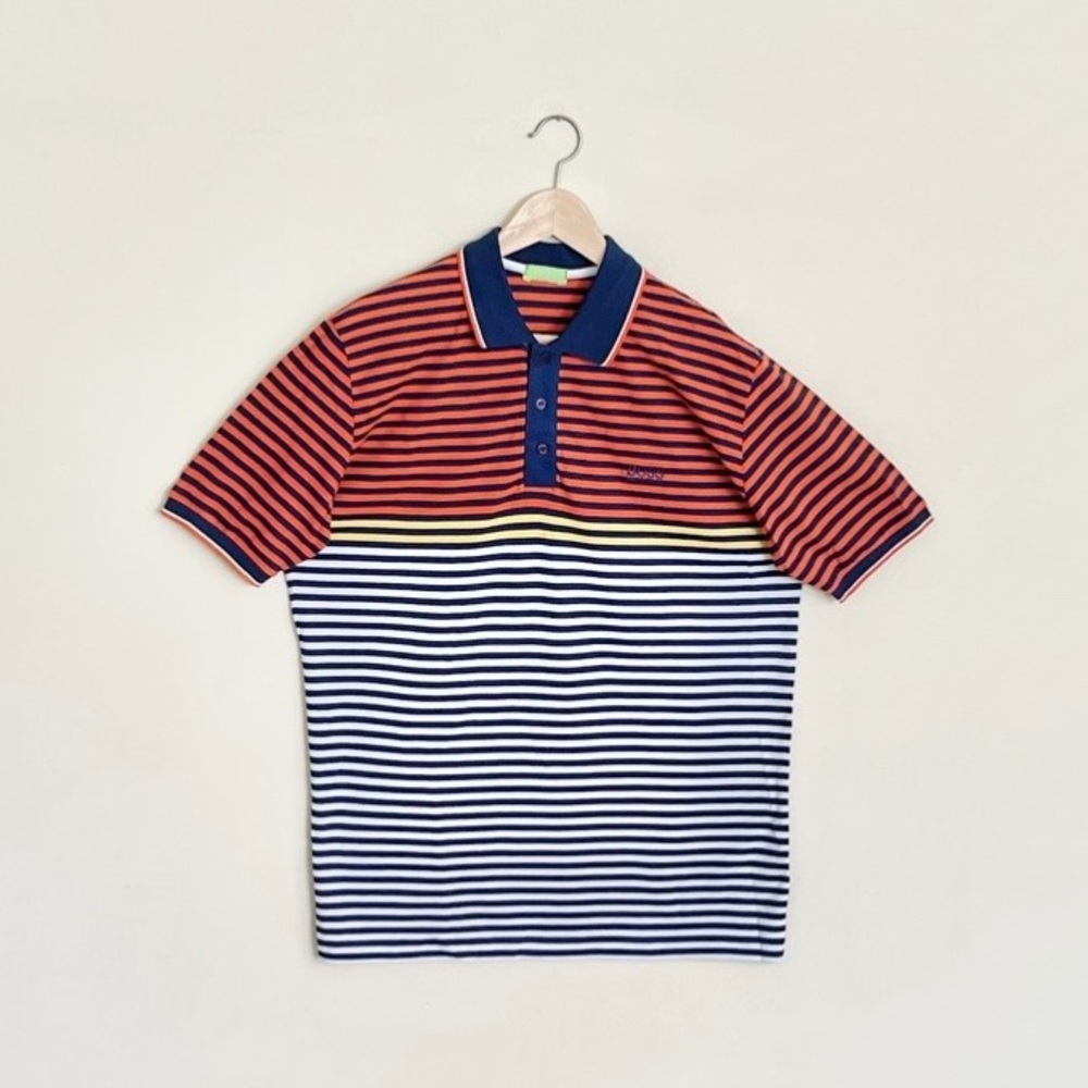 Boss Hugo Boss Striped Color Block Orange Navy White Polo Shirt Men’s XXL